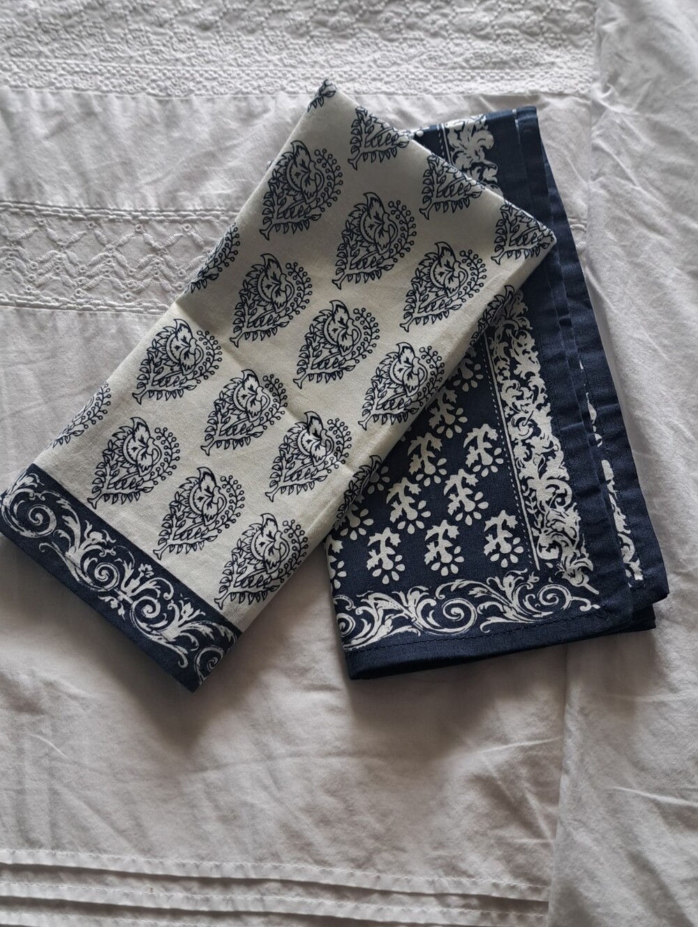 Two PIER 1 COTTON napkins arts crafts multi purpose decor upcycle paisley blue